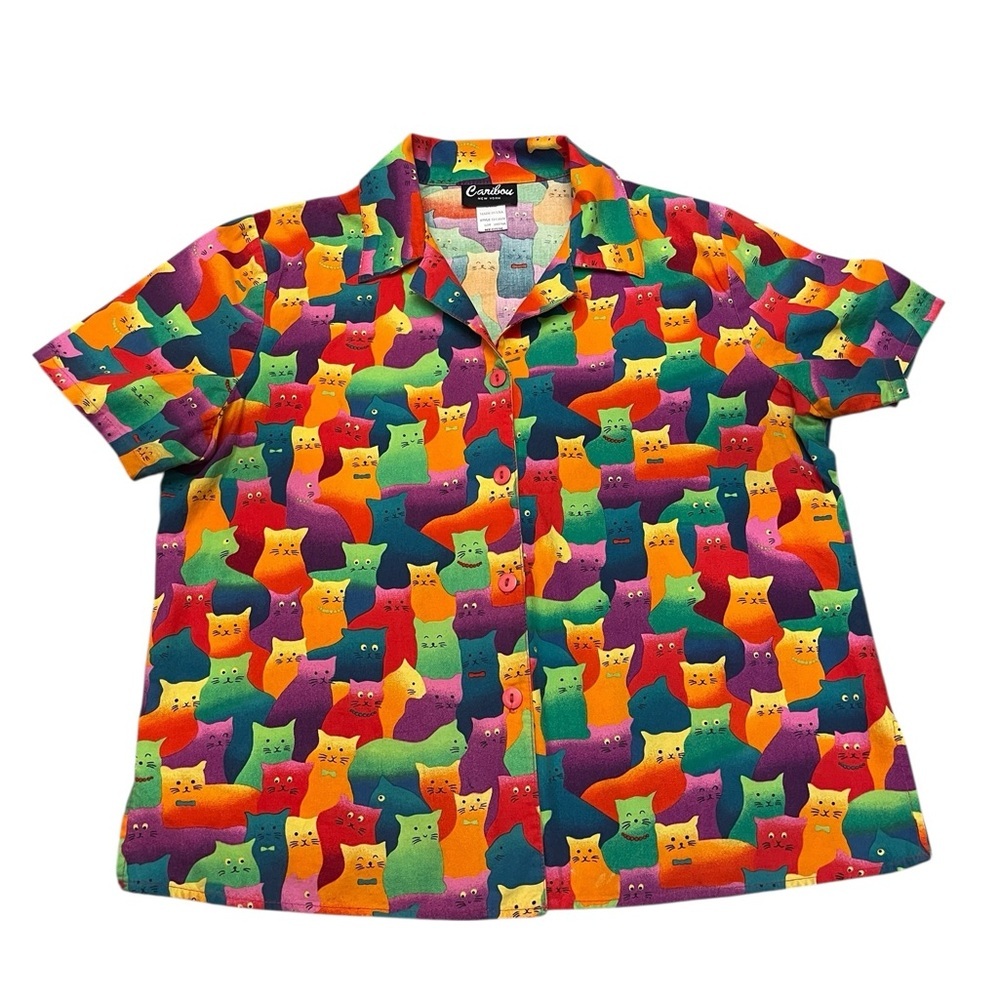 Vintage Caribou New York Multicolor Cats Button Front Womens Shirt Size M